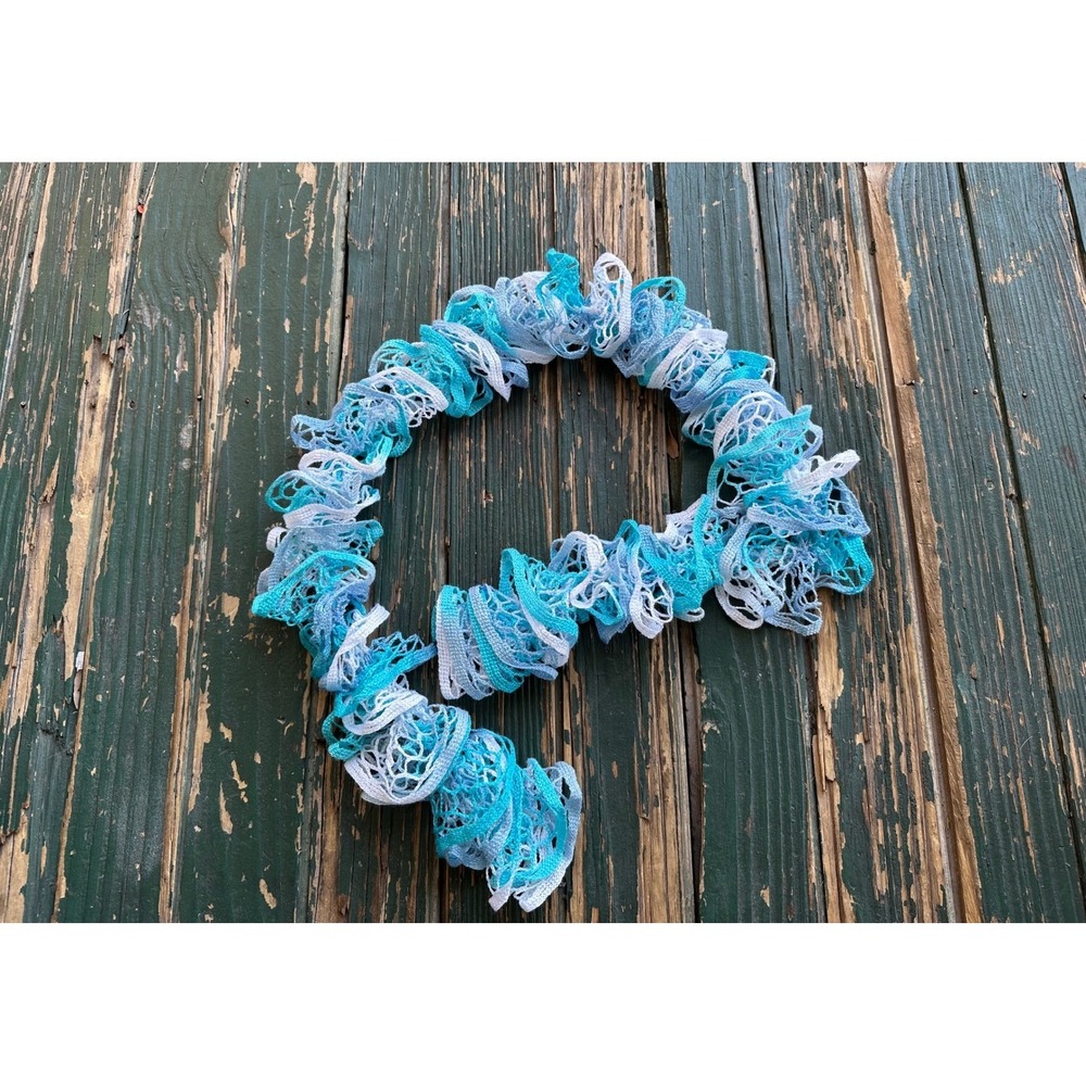 Handmade Turquoise Blue White Ruffle Sash Scarf Mesh Knit Spiral Accessory‎